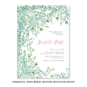 Whimsical Greenery Bridal Shower Invitations featuring a lush vine and foliage design. Capturing the beauty of nature in watercolor style, perfect for an elegant garden or boho-themed bridal shower party, by Digibuddha.