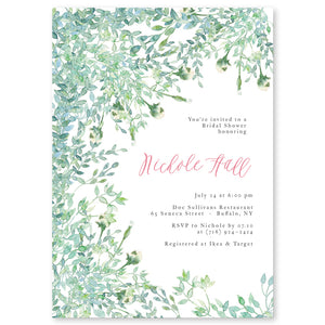 Whimsical Greenery Bridal Shower Invitations featuring a lush vine and foliage design. Capturing the beauty of nature in watercolor style, perfect for an elegant garden or boho-themed bridal shower party, by Digibuddha.