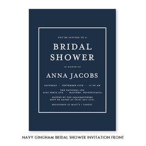 Navy gingham bridal shower invitations with minimalist design, deep navy blue color scheme, gingham backer, ideal for an elegant bridal shower brunch, designed by Digibuddha.