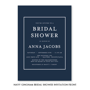 Elegant Navy Gingham Bridal Shower Invitations with Modern Navy Blue Design by Digibuddha