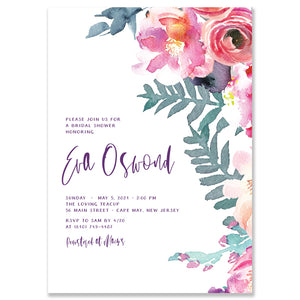 Elegant chic floral watercolor bridal shower invitations with a modern design featuring pink and purple watercolor flowers.
