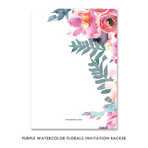 Elegant chic floral watercolor bridal shower invitations with a modern design featuring pink and purple watercolor flowers.