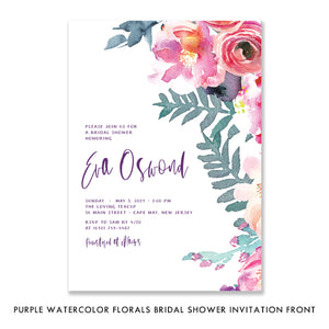 Elegant Chic Floral Watercolor Bridal Shower Invitations with Pink and Purple Flowers by Digibuddha