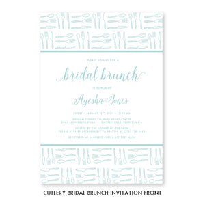 Spoon and fork bridal brunch invitations, brunch with the bride invitations, modern design, light blue, brunch themed bridal shower