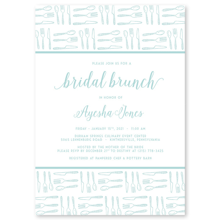 Fun and Modern Spoon and Fork Bridal Brunch Invitations in Light Blue by Digibuddha