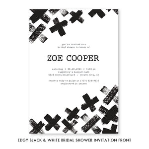 Chic and Edgy Black and White Bridal Shower Invitations with Monochrome Brush Pattern by Digibuddha