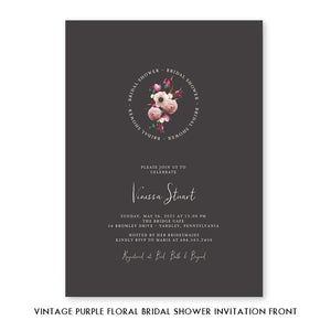 Elegant purple floral vintage bridal shower invitations featuring deep purple and pink floral patterns in a black boho style.