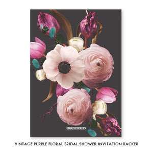 Elegant purple floral vintage bridal shower invitations featuring deep purple and pink floral patterns in a black boho style.