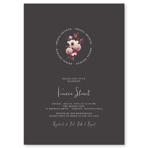 Elegant purple floral vintage bridal shower invitations featuring deep purple and pink floral patterns in a black boho style.