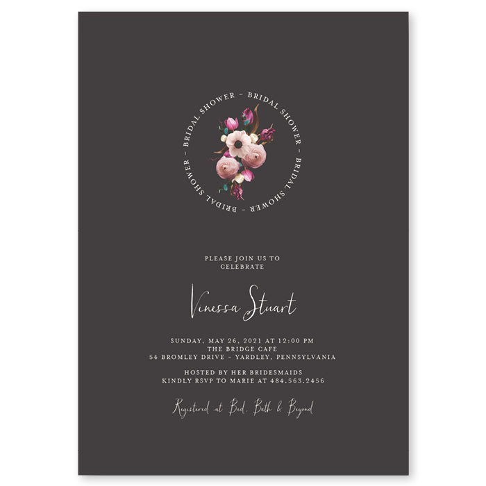 Elegant purple floral vintage bridal shower invitations with customizable event details and an enchanting vintage floral design.