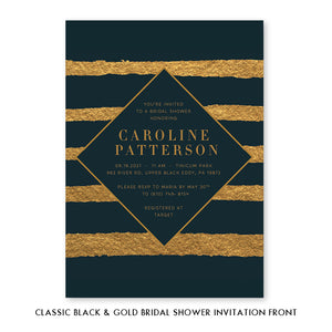 Luxurious gold and black classic bridal shower invitations, featuring chic art deco design and faux gold brush strokes.