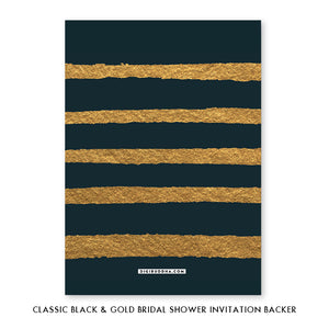 Luxurious gold and black classic bridal shower invitations, featuring chic art deco design and faux gold brush strokes.