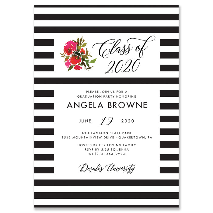 Red Roses & Black Stripes Graduation Party Invitation Coll. 1B