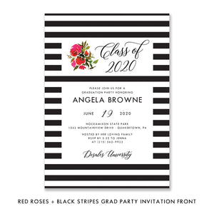 Red Roses & Black Stripes Graduation Party Invitation Coll. 1B