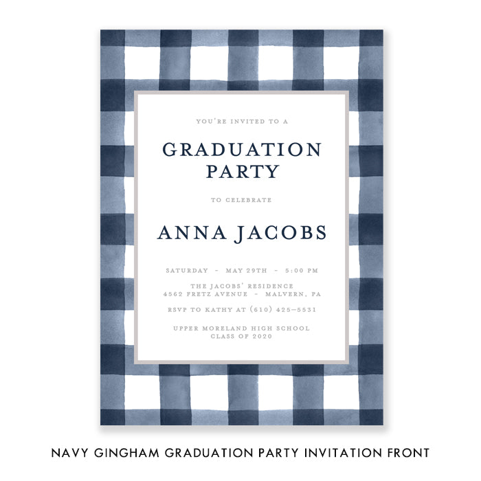 Navy Gingham Graduation Party Invitation Coll. 3