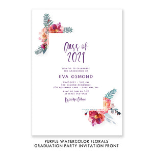 Purple Watercolor Florals Graduation Party Invitation Coll. 4