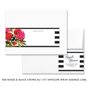 Red Roses & Black Stripes Envelope Wrap Address Labels Coll. 1B