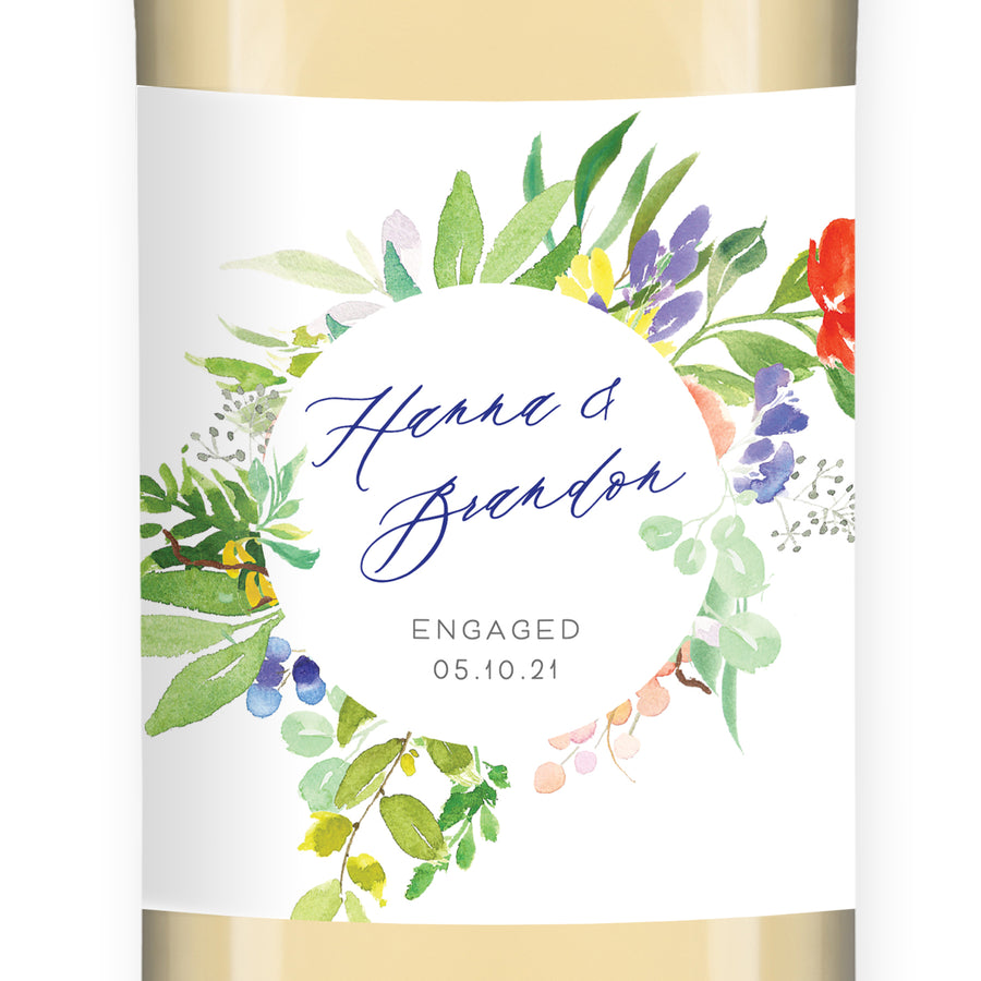 Bright Watercolor Floral Engagement Wine Label Coll. 9