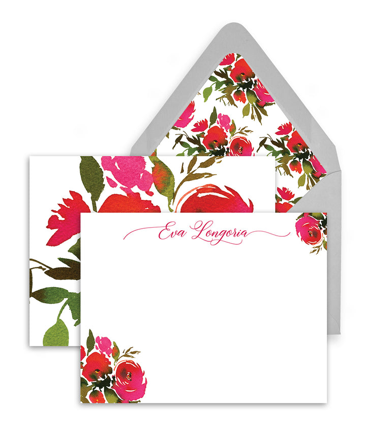 Red Roses Personalized Stationery with envelope liners and gray envelopes