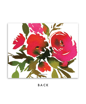 Red Roses personalized stationery in red and pink watercolor floral patterned back side
