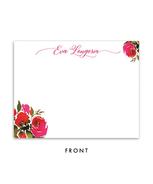 Red Roses Personalized Stationery in red and pink watercolor floral front