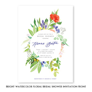 Elegant watercolor floral bridal shower invitations featuring bright florals and light greenery in purple, red, and green.