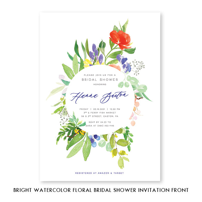 Elegant watercolor floral bridal shower invitations featuring bright florals and light greenery in purple, red, and green.