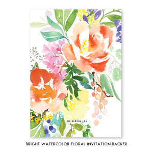 Elegant watercolor floral bridal shower invitations featuring bright florals and light greenery in purple, red, and green.