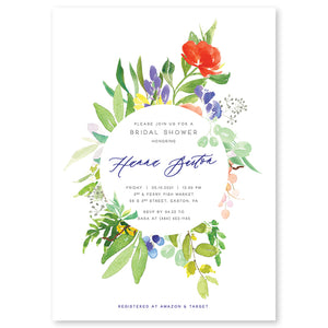 Elegant watercolor floral bridal shower invitations featuring bright florals and light greenery in purple, red, and green.