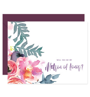 Purple Watercolor Florals Will You Be My Bridesmaid? Card | Coll. 4