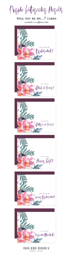 Purple Watercolor Florals Will You Be My Bridesmaid? Card | Coll. 4