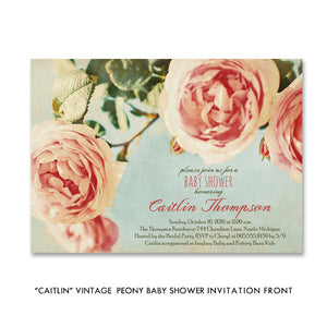 "Caitlin" Vintage Peony Baby Shower Invitation