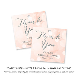 Chic pink and silver bridal shower invitation with a white wedding dress design, blush tones, and a silver glitter look.