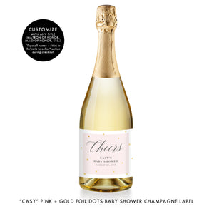 "Casy" Pink + Gold Foil Dots Baby Shower Champagne Labels