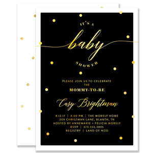 "Casy" Black + Gold Foil Dots Baby Shower Invitation