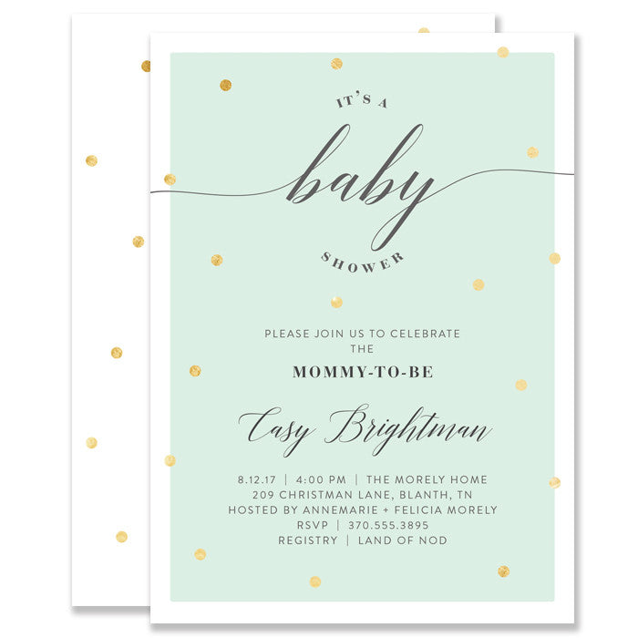 "Casy" Mint + Gold Foil Dots Baby Shower Invitation
