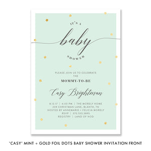 "Casy" Mint + Gold Foil Dots Baby Shower Invitation