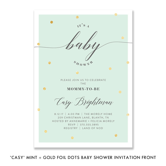 "Casy" Mint + Gold Foil Dots Baby Shower Invitation