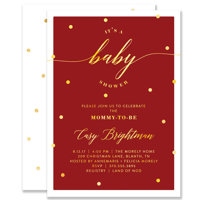 "Casy" Red + Gold Foil Dots Baby Shower Invitation