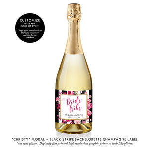"Christy" Floral + Black Stripe Bachelorette Party Champagne Labels