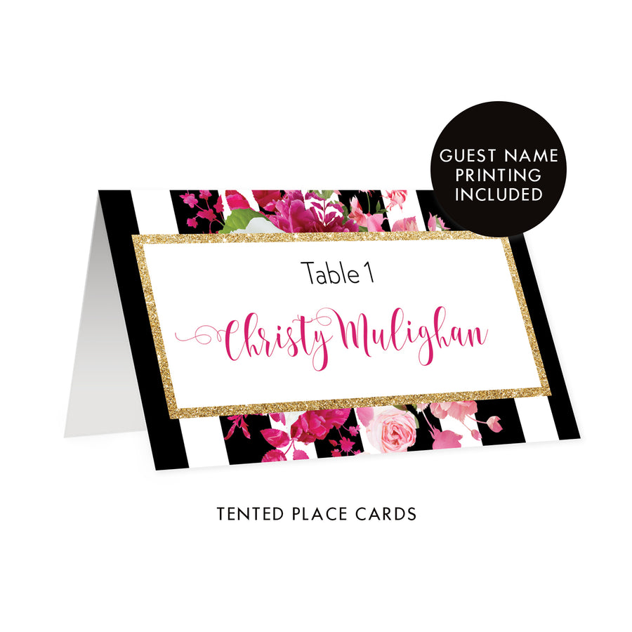 Black Striped Place Cards with Pink Flowers | Christy