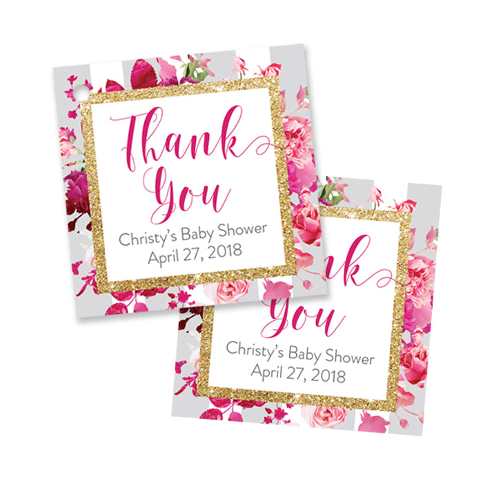 "Christy" Gray Stripe + Pink Roses Baby Shower Favor Tags