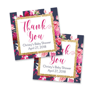 "Christy" Navy Stripe + Pink Roses Baby Shower Favor Tags