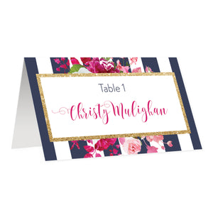 Navy Striped Place Cards with Pink Flowers | Christy