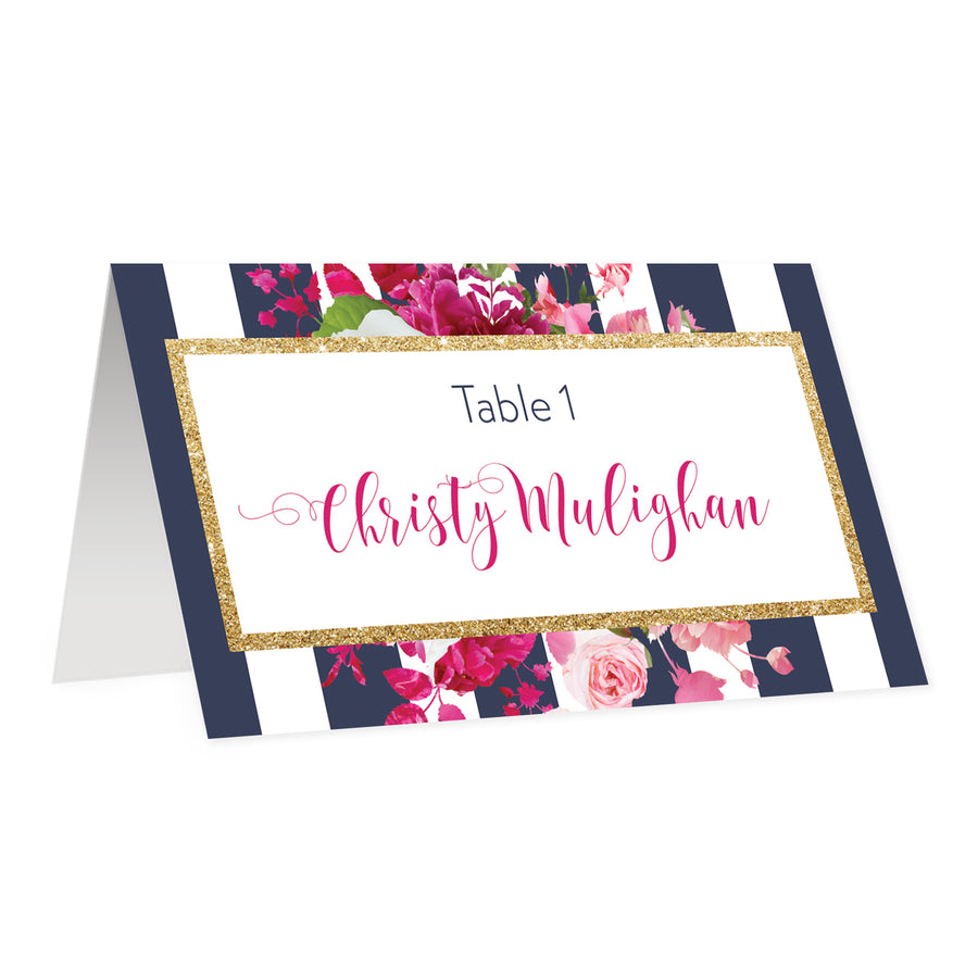 Navy Striped Place Cards with Pink Flowers | Christy