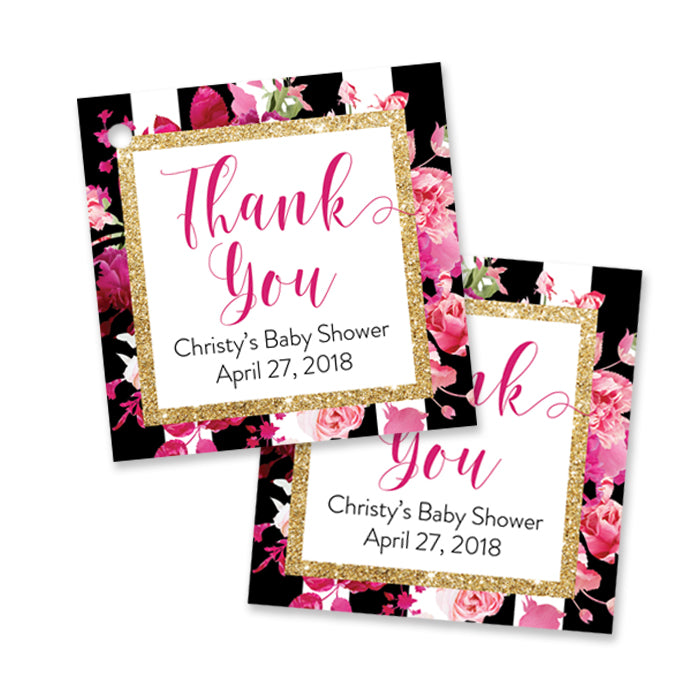 "Christy" Stripe + Pink Roses Baby Shower Favor Tags