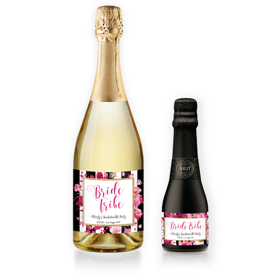 "Christy" Floral + Black Stripe Bachelorette Party Champagne Labels
