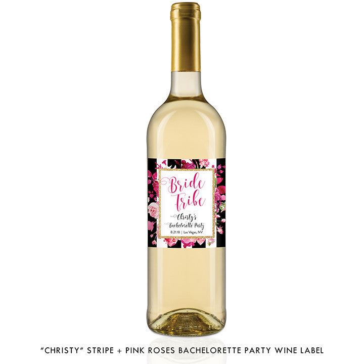 "Christy" Stripe + Pink Roses Bachelorette Party Wine Labels