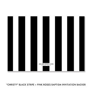 "Christy" Black Stripe + Pink Roses Baptism Invitation