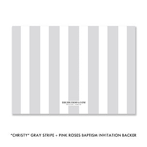 "Christy" Gray Stripe + Pink Roses Baptism Invitation